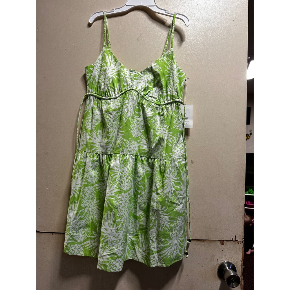 Free Assembly Women Kiwi Kiss Pineapple Print Cotton Tiered Mini Dress XS Pocket